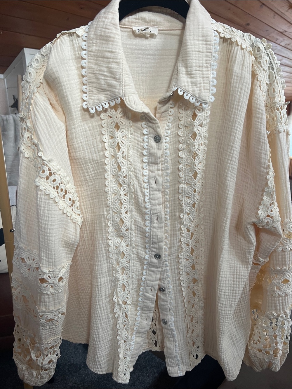 POL Cream Lace-Trim Button Down Shirt